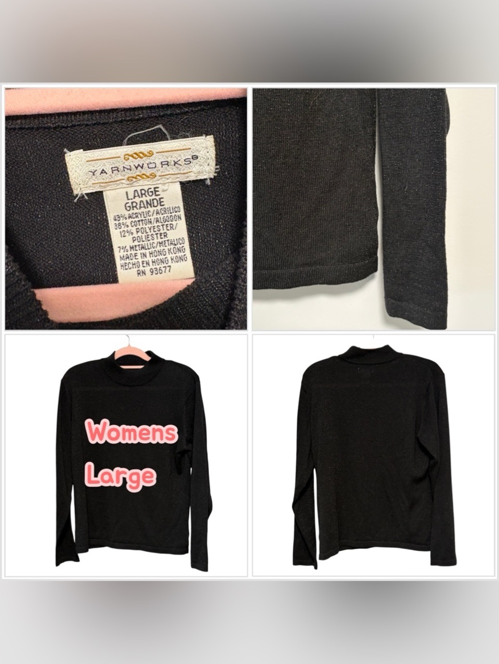 Womens Yarn Works Large Sweater Mock-Neck Black Metallic Shimmer Long Sleeve